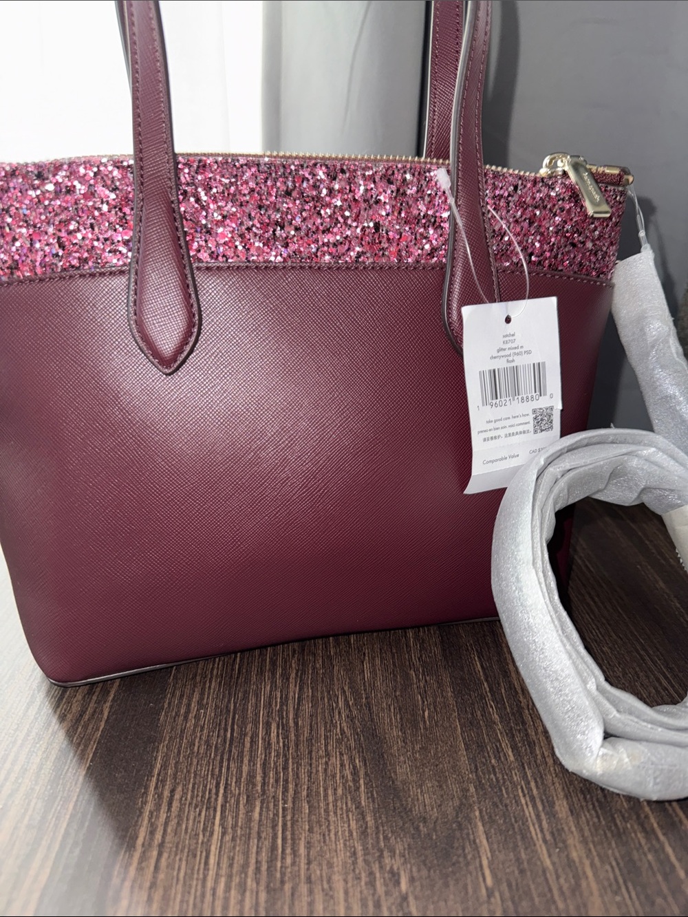 kate spade Burgundy leather Tote with Pink Glitter Trim